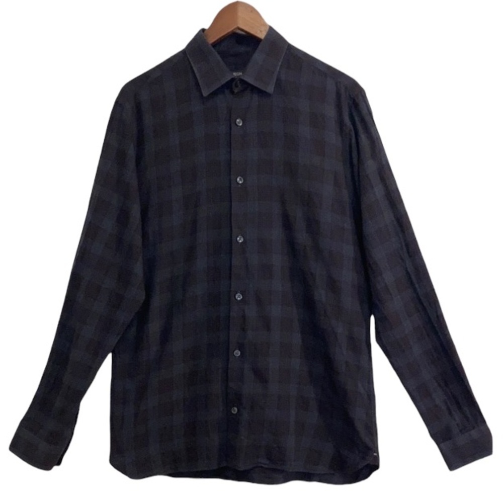 Z Zegna Shirt Mens Large Grey Maroon Red Plaid Button Up Long Sleeve Designer